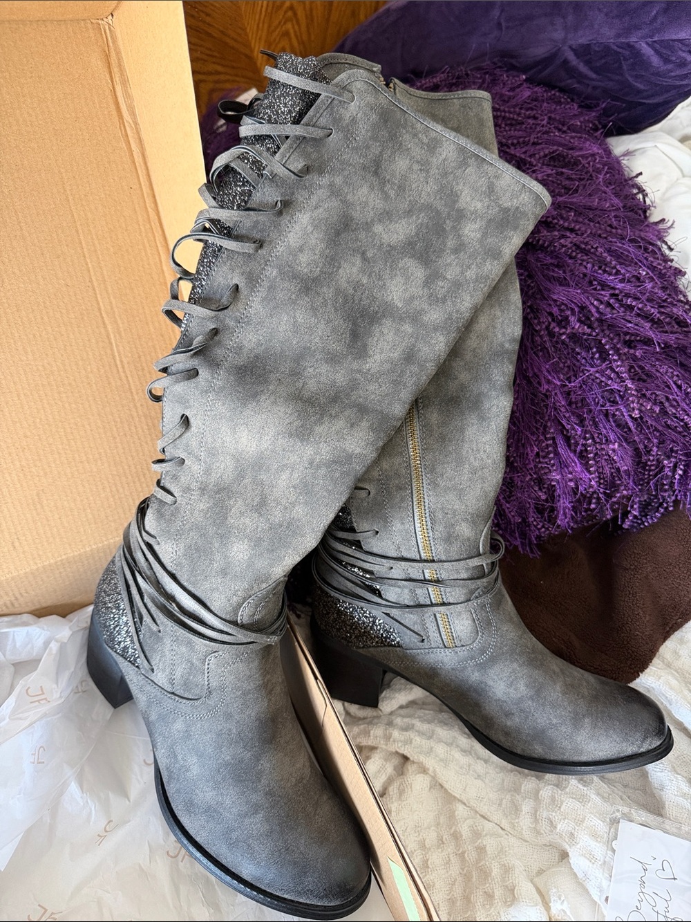 Gray Lace-Up Mid-Calf Women's Boots with Glitter Accent